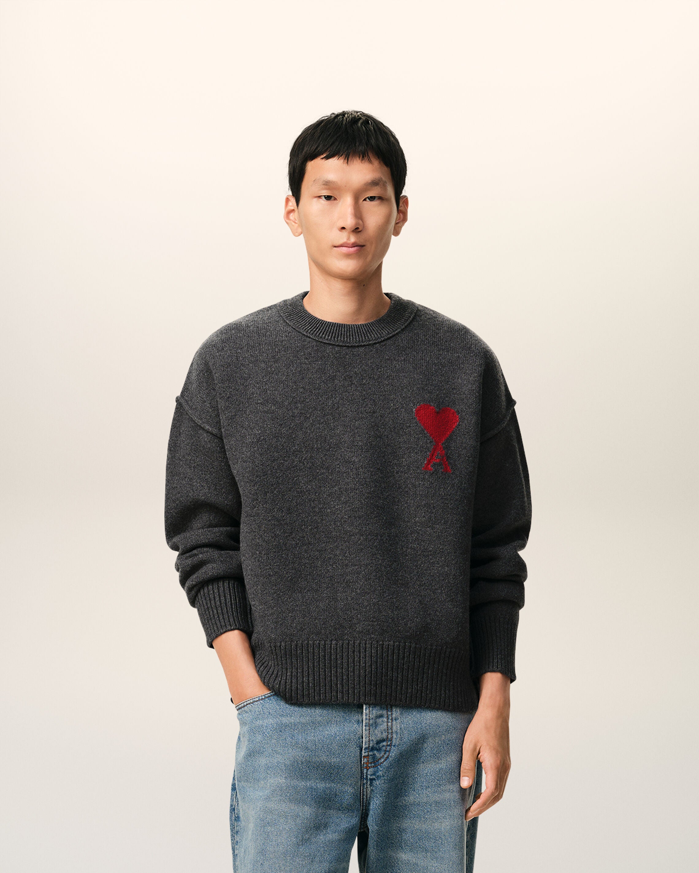 Moletom Crewneck de Lã Cinza-Âmbar/Verde-Âmbar com Ami de Coeur | AMI PARIS
