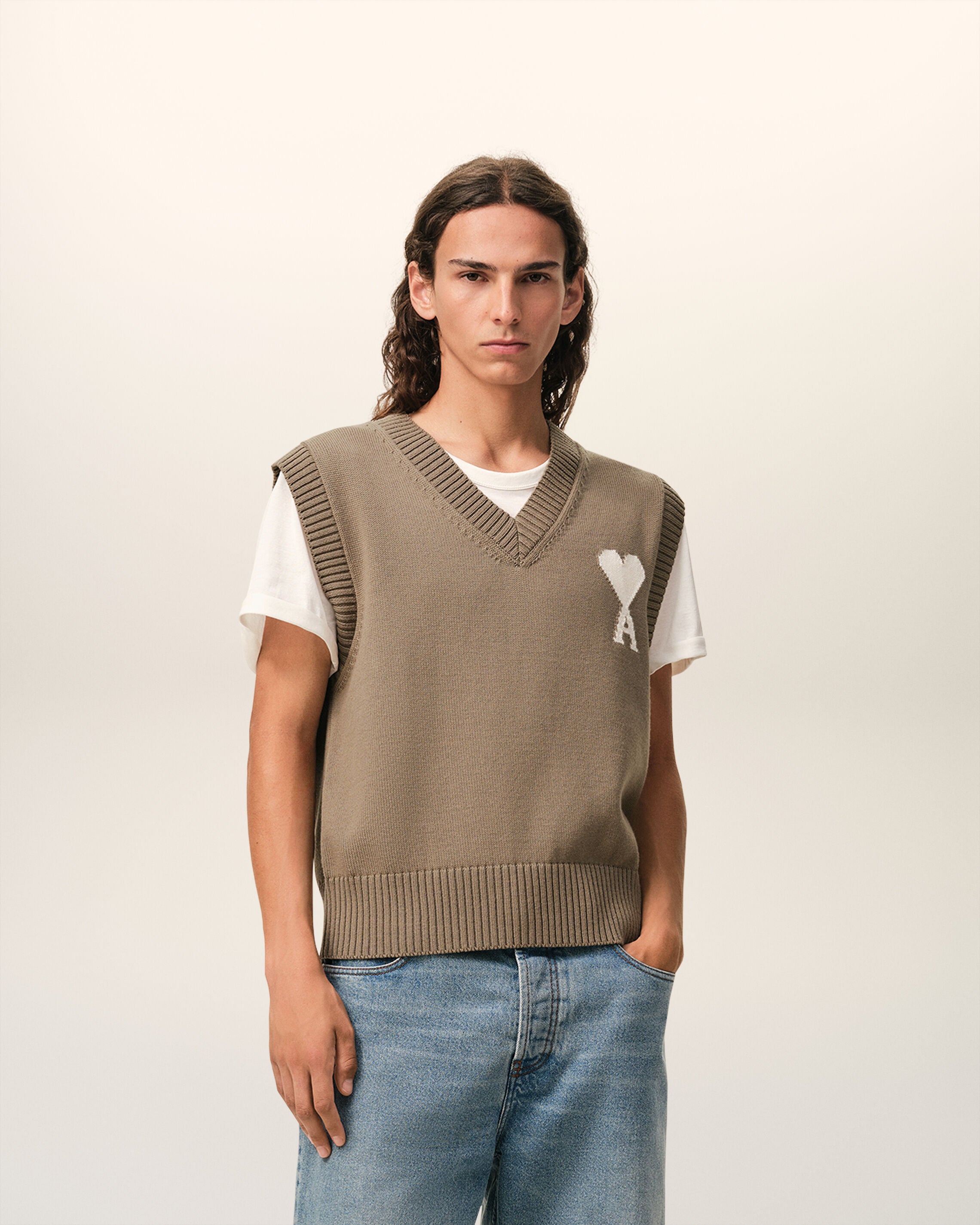 Sweater Bege Taupe/Branco Bege de Lã e Algodão Sem Mangas Ami De Coeur | Ami Paris