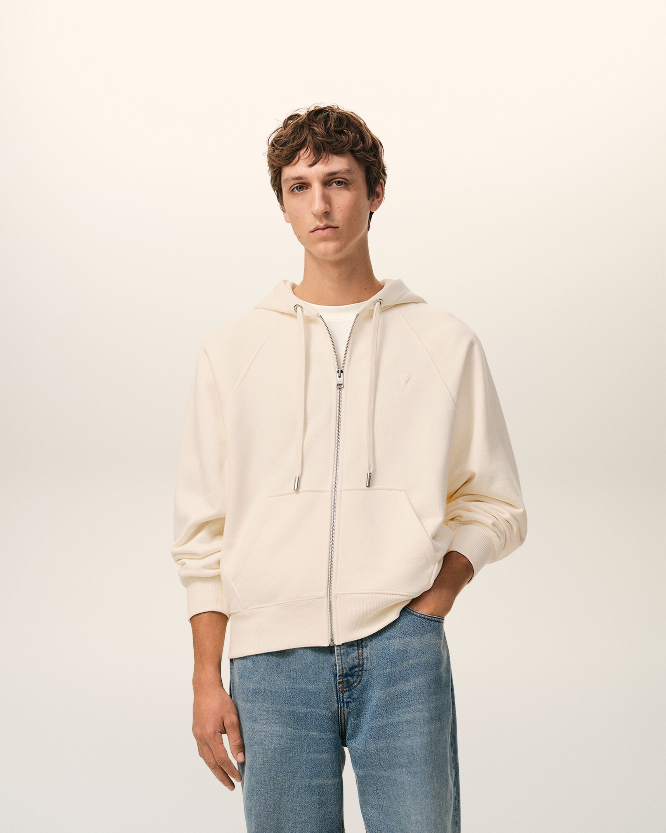 WHITE CREAM Hoodie de Algodão Branco com Estampa Ami De Coeur com Zíper | Ami Paris