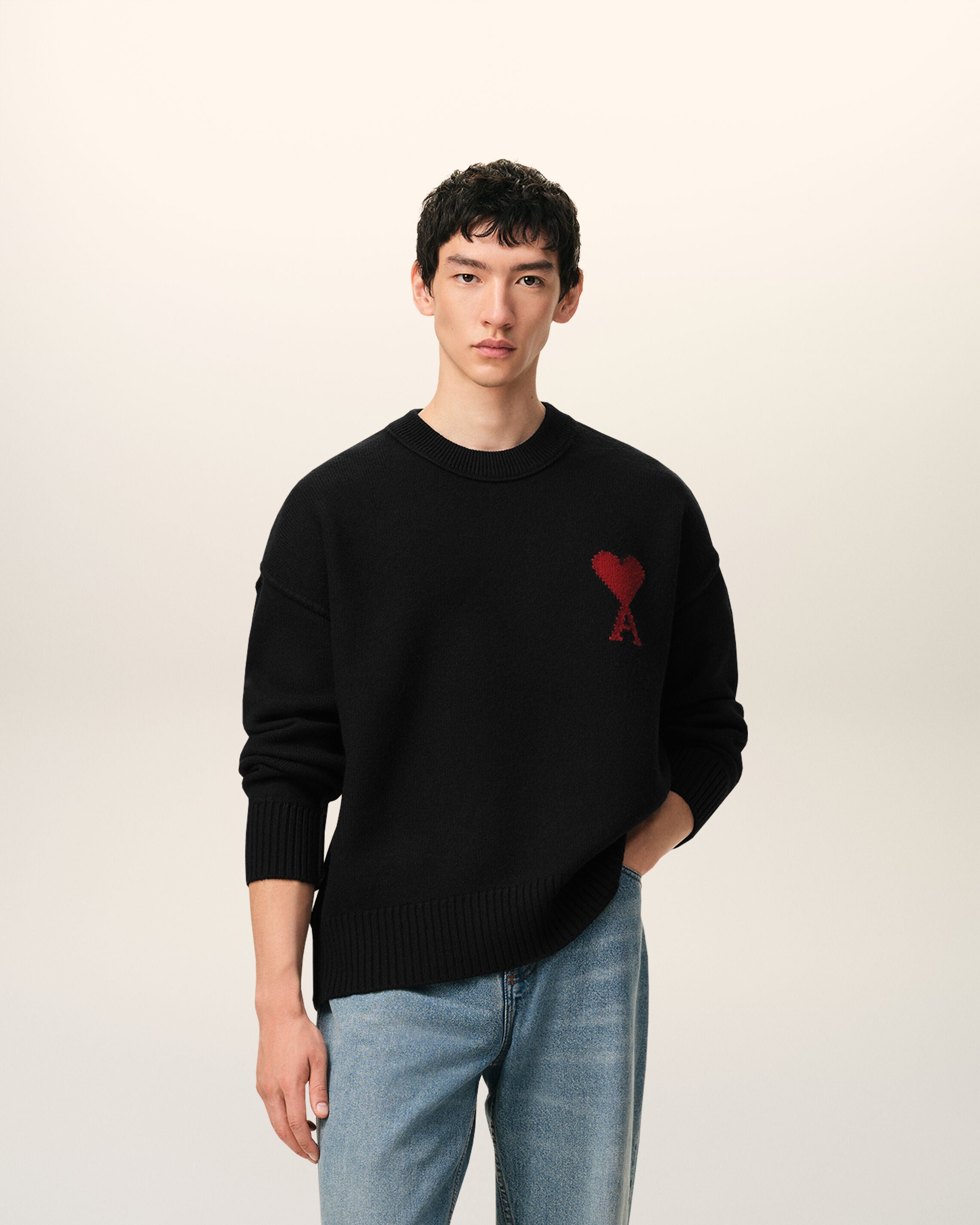 MOLETOM CREWNECK DE LÃ, PRETO/VERMELHO AMI PARIS | AMI PARIS
