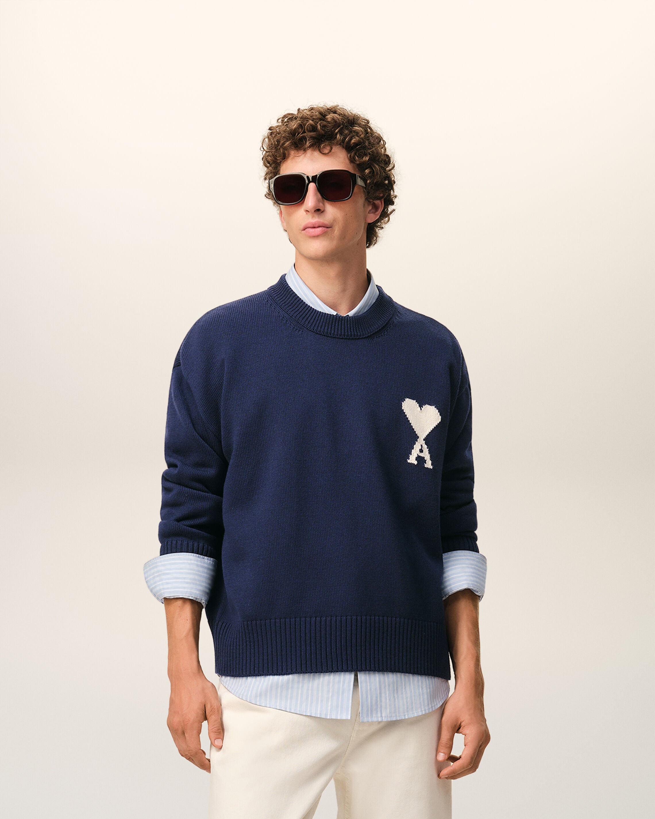 Moletom Azul de Lã e Algodão com Gola Redonda Ink/OFF White Ami De Coeur | Ami Paris