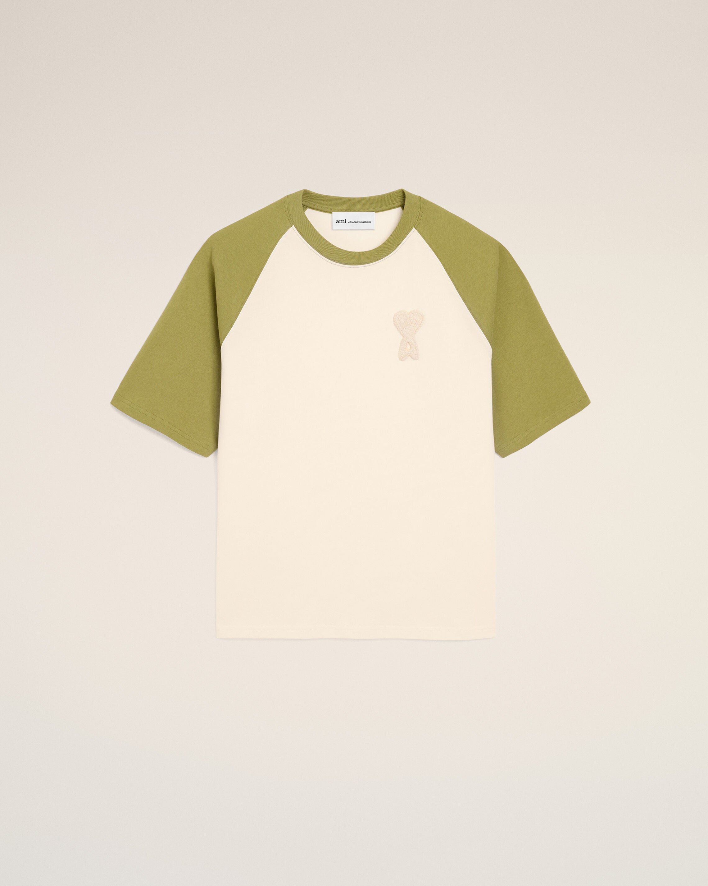 CAMISETA DE MALHA AMI DE COEUR DE ALGODÃO BRANCO E VERDE COM PATCH DE CROCHÊ MARROM/VERDE-CHÁ | Ami Paris