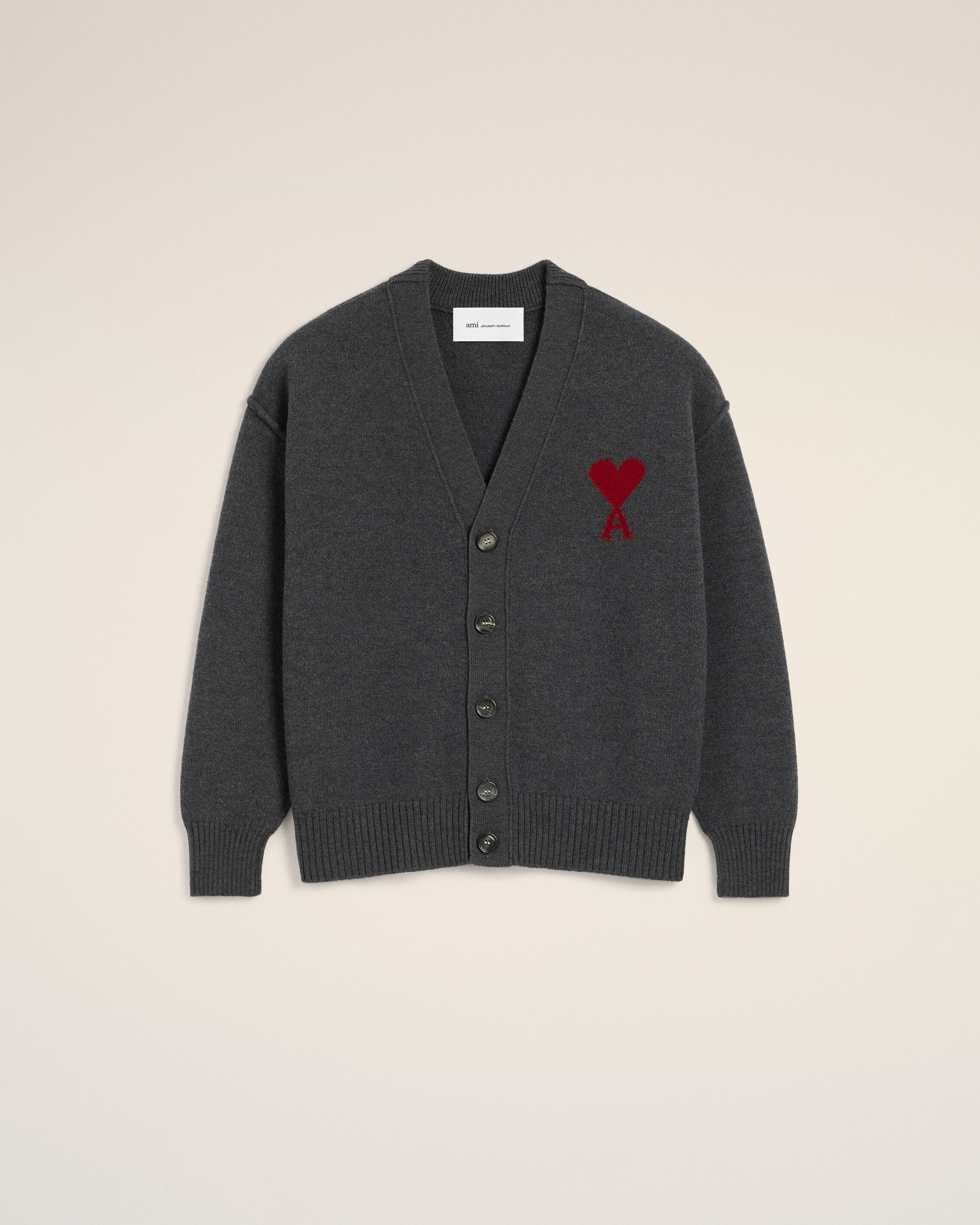 Cardigã em Malha de Lã Merino Feltada Cinza/Vermelho | AMI PARIS