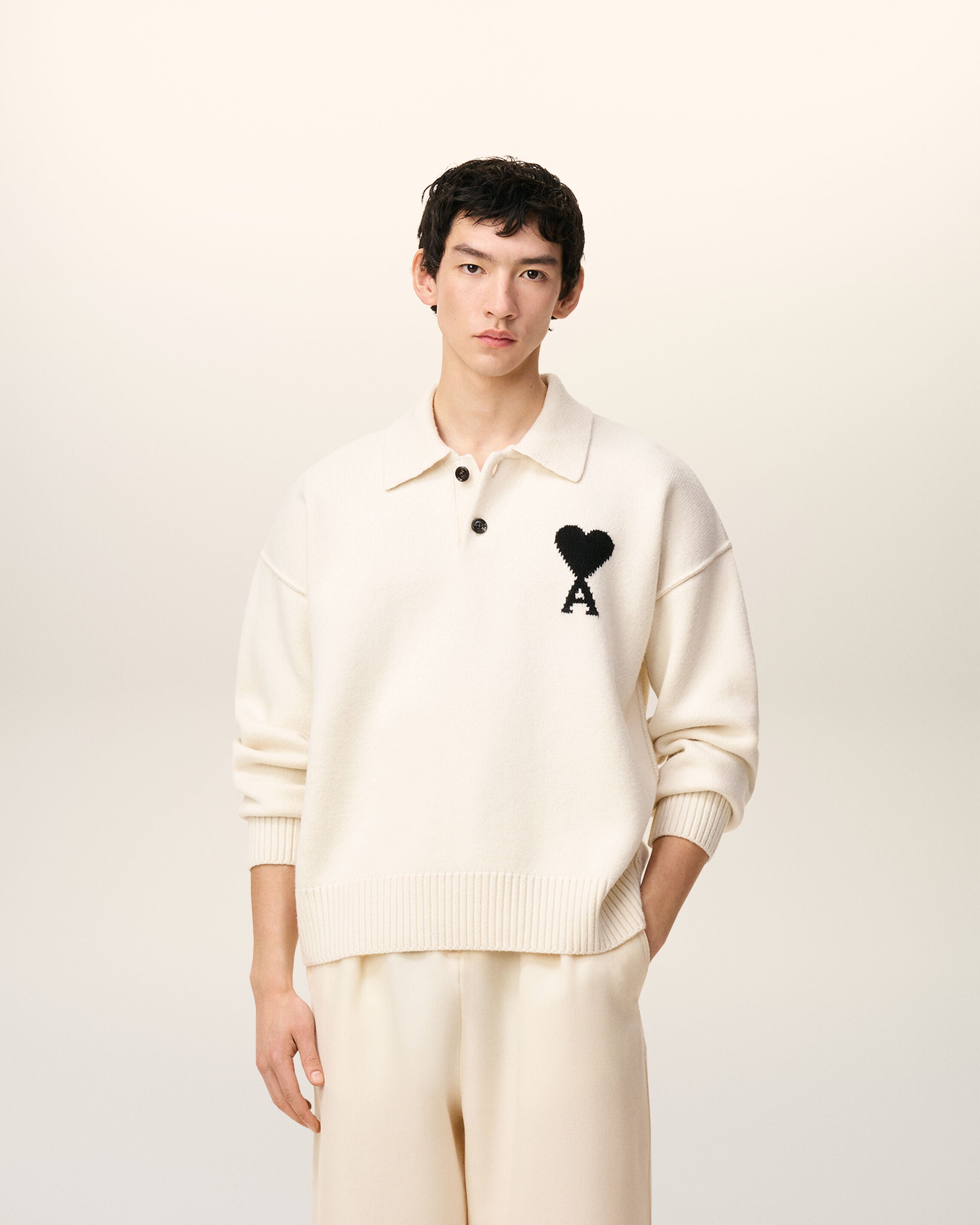 OFFWHITE/BLACK Polo de lã branca Ami De Coeur | AMI PARIS
