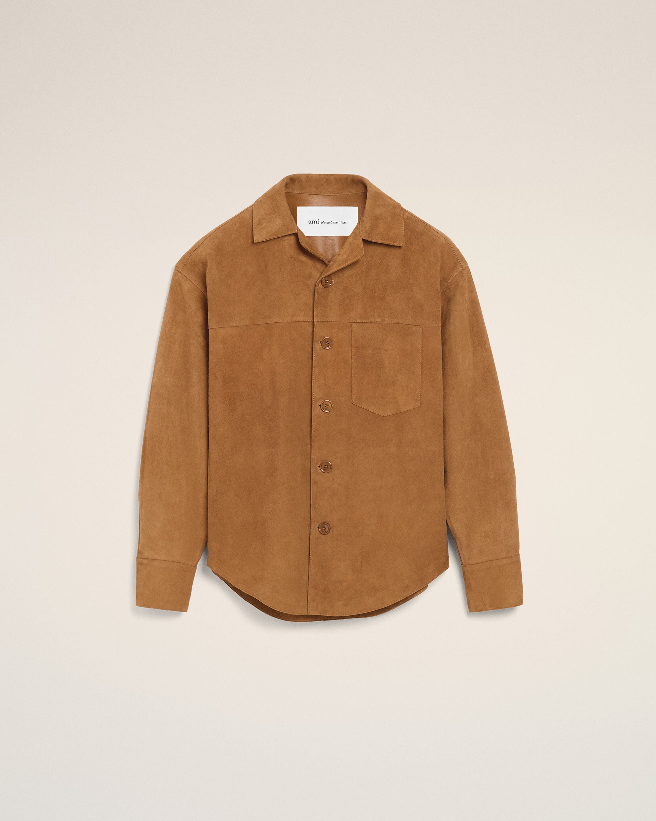 Jaqueta Overshirt de Couro de Cabra Marrom com Botões | Ami Paris