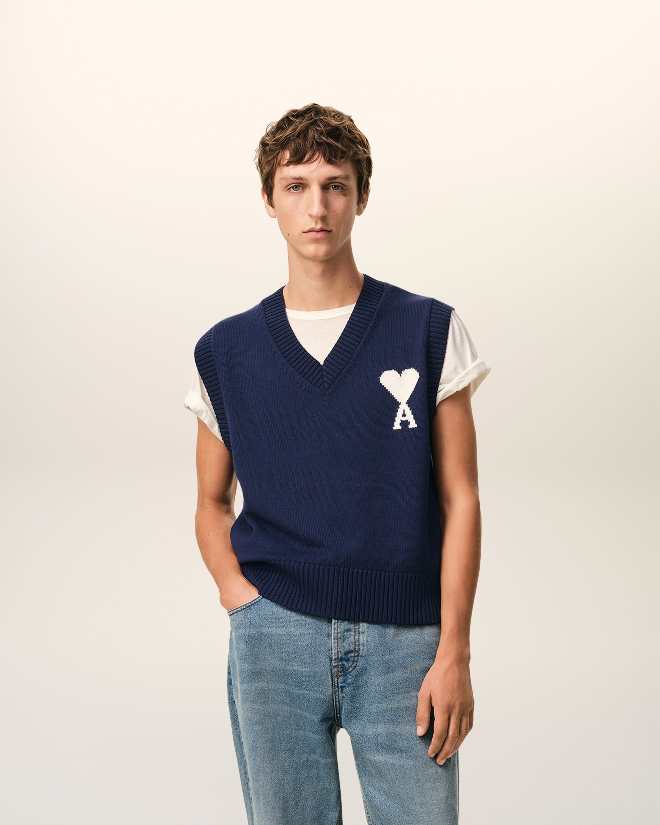 Moletom Ami De Coeur sem mangas em lã e algodão azul INK/OFF WHITE | Ami Paris