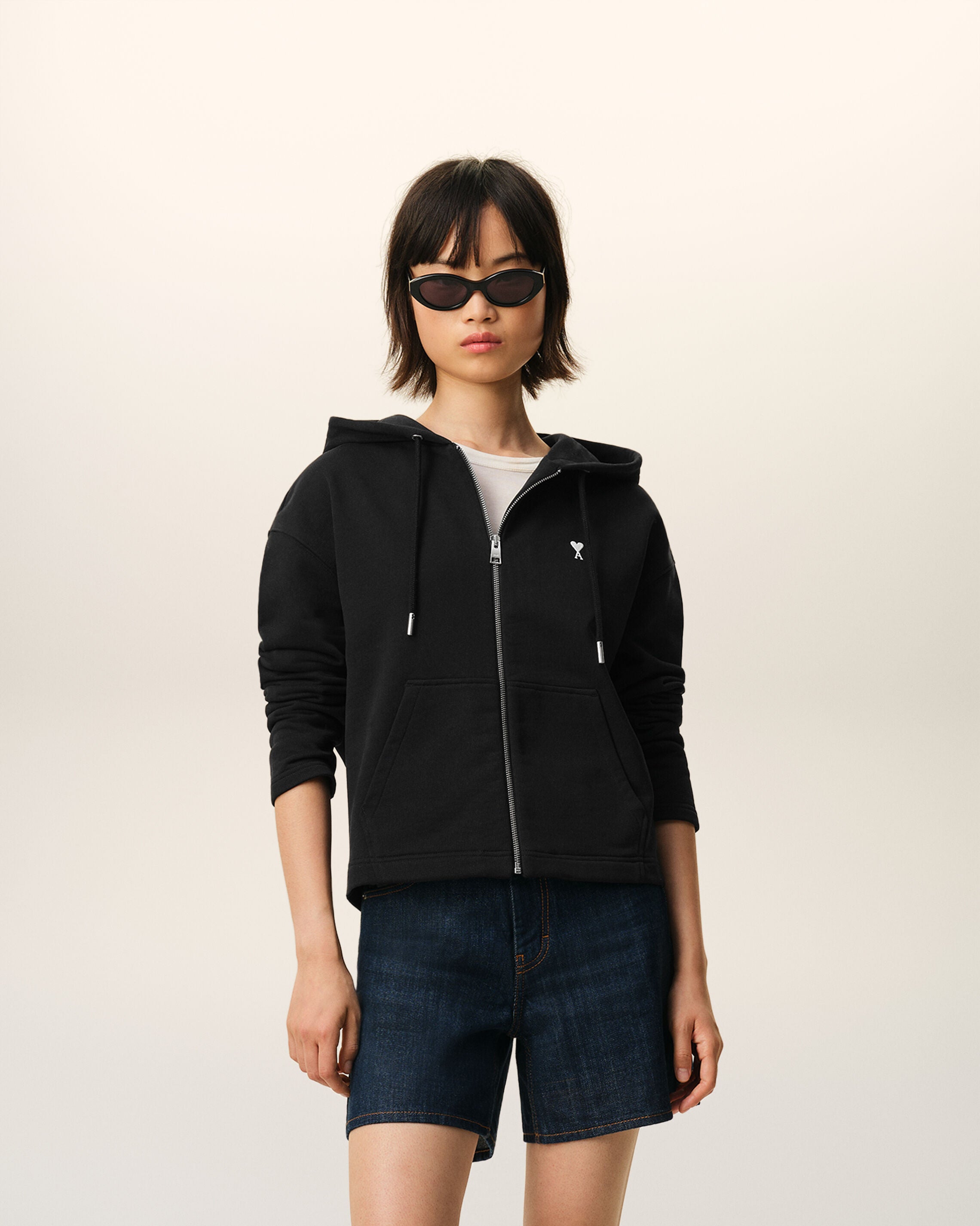 MOLETOM ZÍPER AMI DE COEUR EM ALGODÃO PRETO/BRANCO | AMI PARIS
