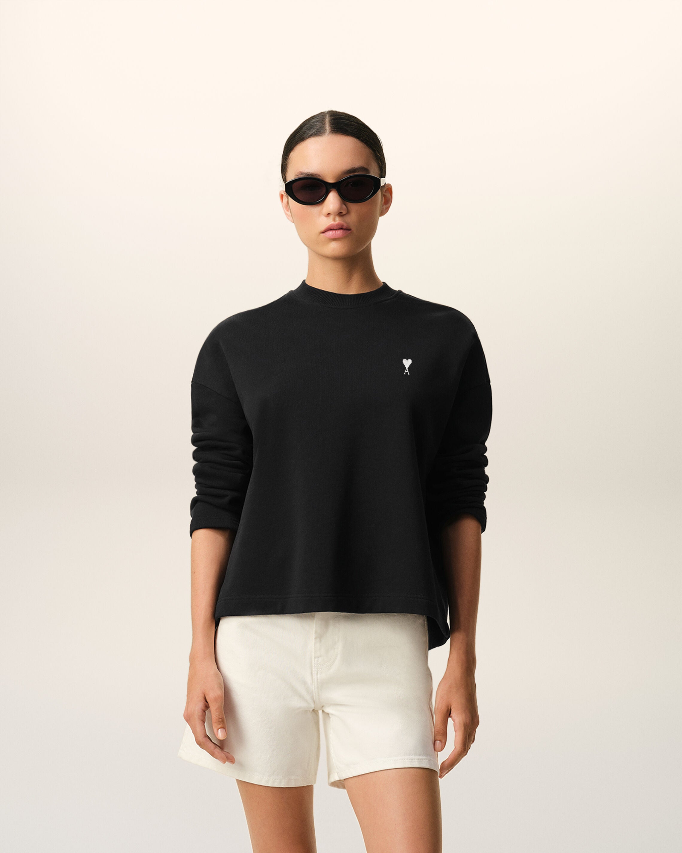 MOLETOM CURTO DE ALGODÃO PRETO/BRANCO CREAM Ami De Coeur | Ami Paris